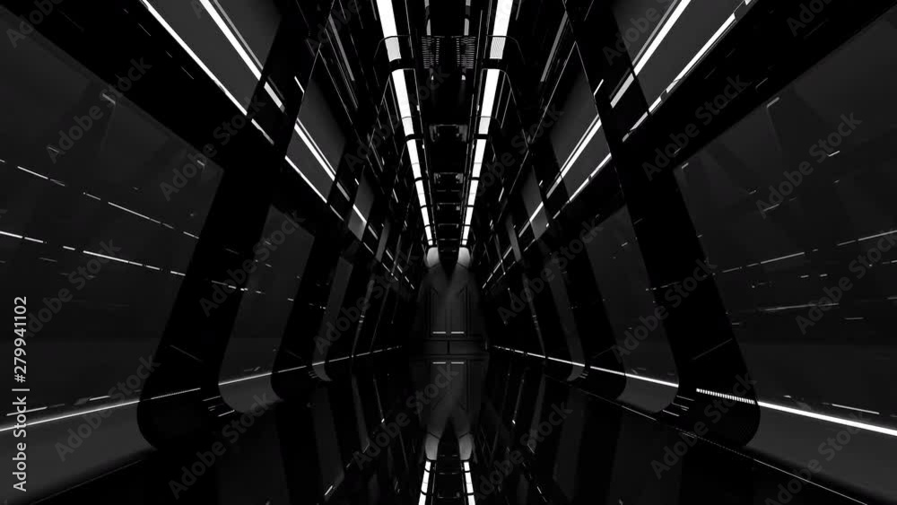 Realistic dark night spaceship sci-fi corridor. Animation of seamless loop, 3D Render.