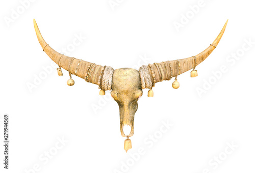 Single huge gold buffalo skull decorative with small paint  brass bells hanging  on long horns isolated on white background with clipping path