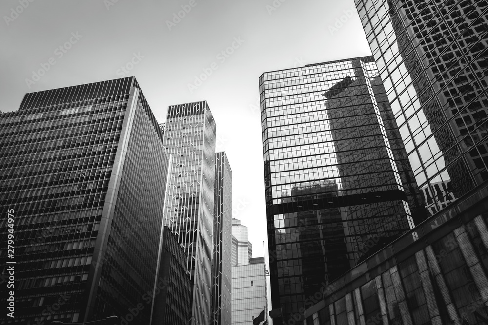 Business buildings in Hong Kong; Low Angle View; Black and White style Business buildings in Hong Kong; Low Angle View; Black and White style