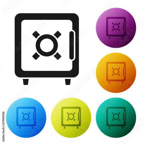 Black Safe icon isolated on white background. The door safe a bank vault with a combination lock. Reliable Data Protection. Set icons colorful circle buttons. Vector Illustration
