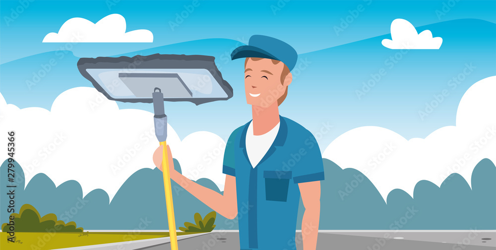 Obraz premium worker cleaning man mop vector ilustration