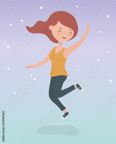 happy young woman celebrating jumping character