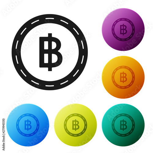 Black Cryptocurrency coin Bitcoin icon isolated on white background. Blockchain technology, bitcoin, digital money market, cryptocoin wallet. Set icons colorful circle buttons. Vector Illustration