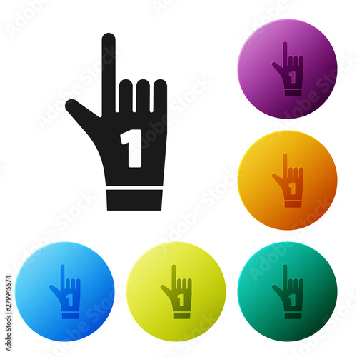 Black Number 1 one fan hand glove with finger raised icon isolated on white background. Symbol of team support in competitions. Set icons colorful circle buttons. Vector Illustration