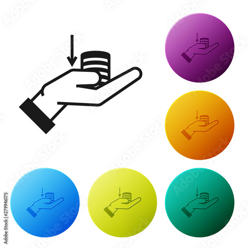 Black Money on hand icon isolated on white background. Palm holds cash with down. Cash salary decrease. Set icons colorful circle buttons. Vector Illustration