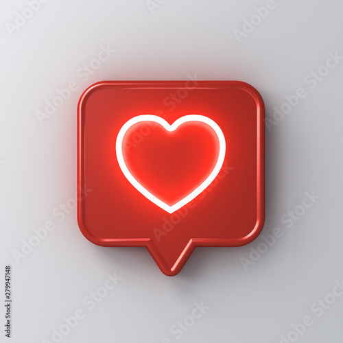 Fototapeta Naklejka Na Ścianę i Meble -  3d social media notification neon light love like heart icon in red rounded square pin isolated on white wall background with shadow 3D rendering