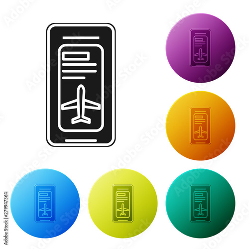 Black Smartphone with electronic boarding pass airline ticket icon isolated on white background. Passenger plane mobile ticket for web and app. Set icons colorful circle buttons. Vector Illustration