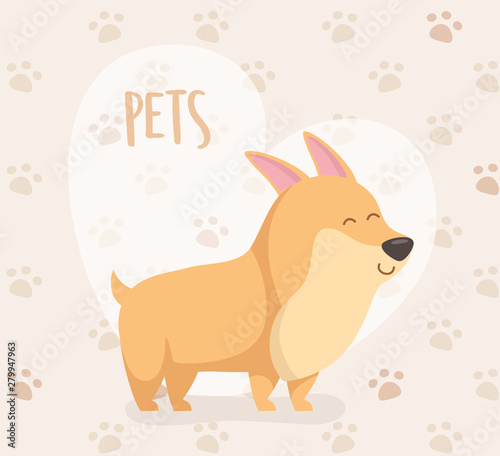 dog mascot character with heart and paw prints background