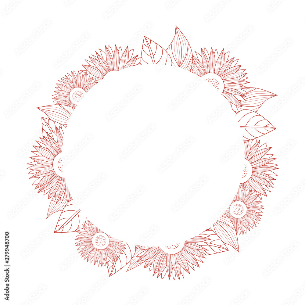 Round autumn frame with leaves and sunflowers. Template for your design. Hand-drawn vector.