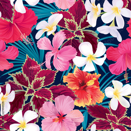 Seamless tropical pattern of hibiscus flowers with plumeria and palm leaf background. Vector set of exotic tropical garden for holiday invitation, greeting card and textile fashion design.