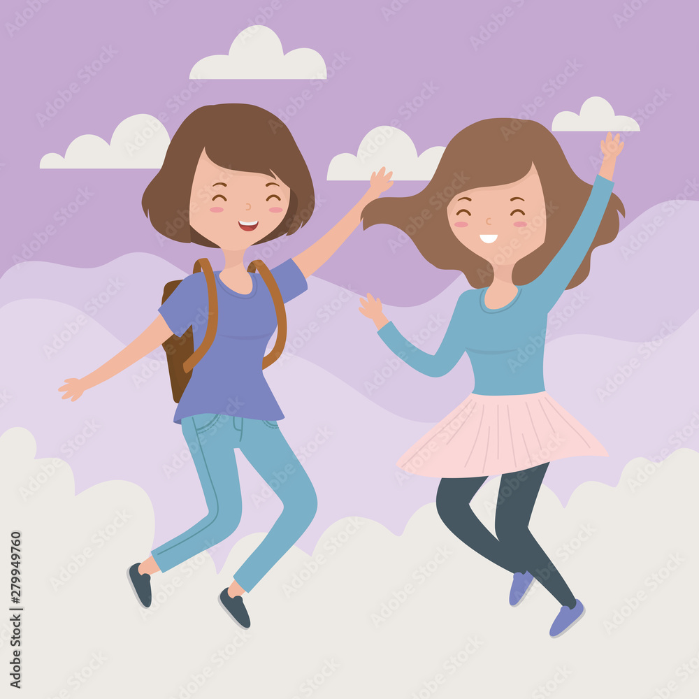 happy young women celebrating jumping in sky happy young women celebrating jumping in sky
