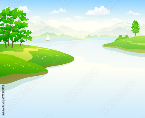 Vector cartoon illustration of a beautiful lake landscape