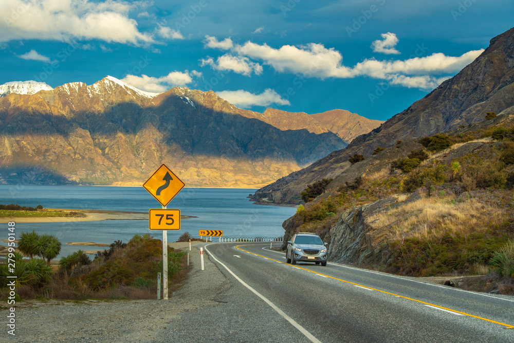 The beauty of panoramic views at the Lake Hawea viewpoint in Wanaka Otago, New Zealand.