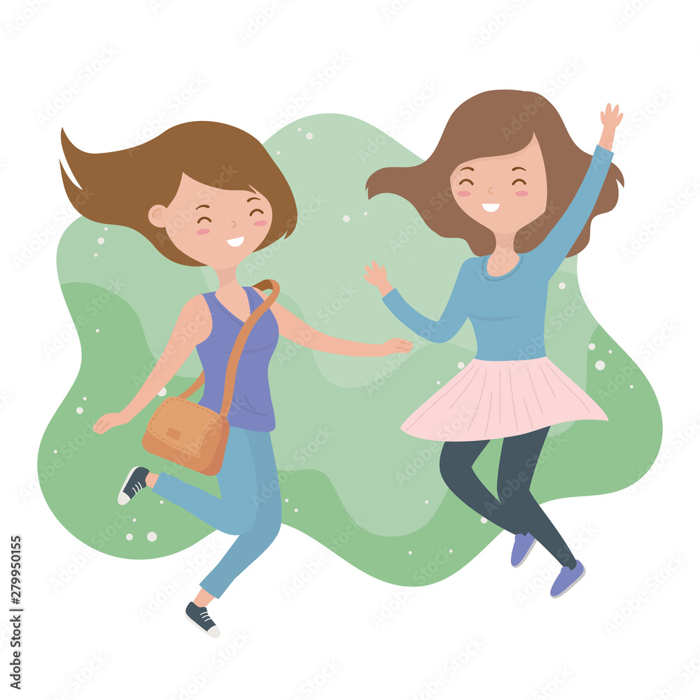happy young women celebrating jumping characters