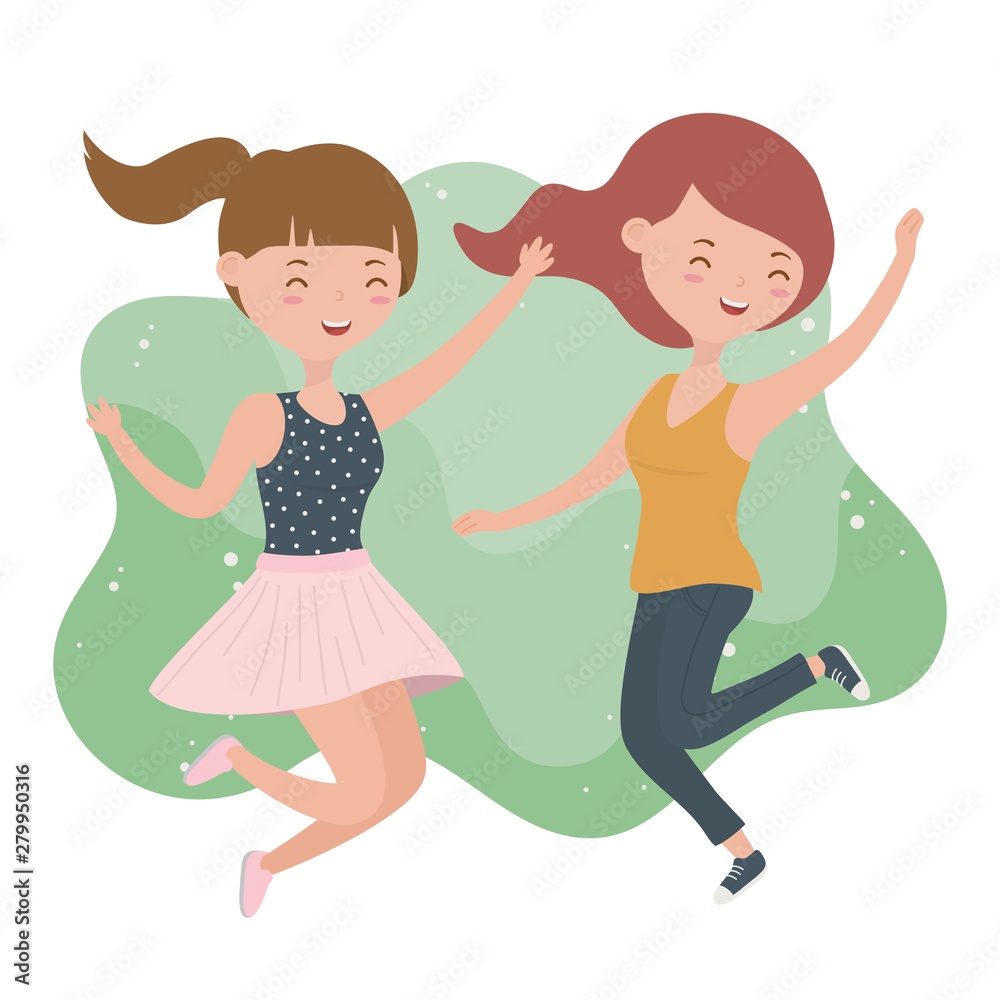 happy young women celebrating jumping characters happy young women celebrating jumping characters