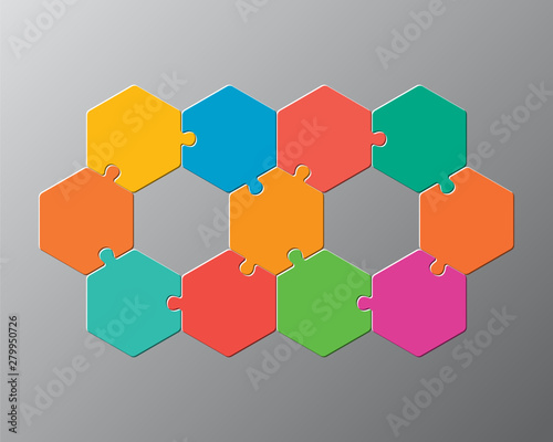 Eleven pieces puzzle jigsaw hexagonal info graphic