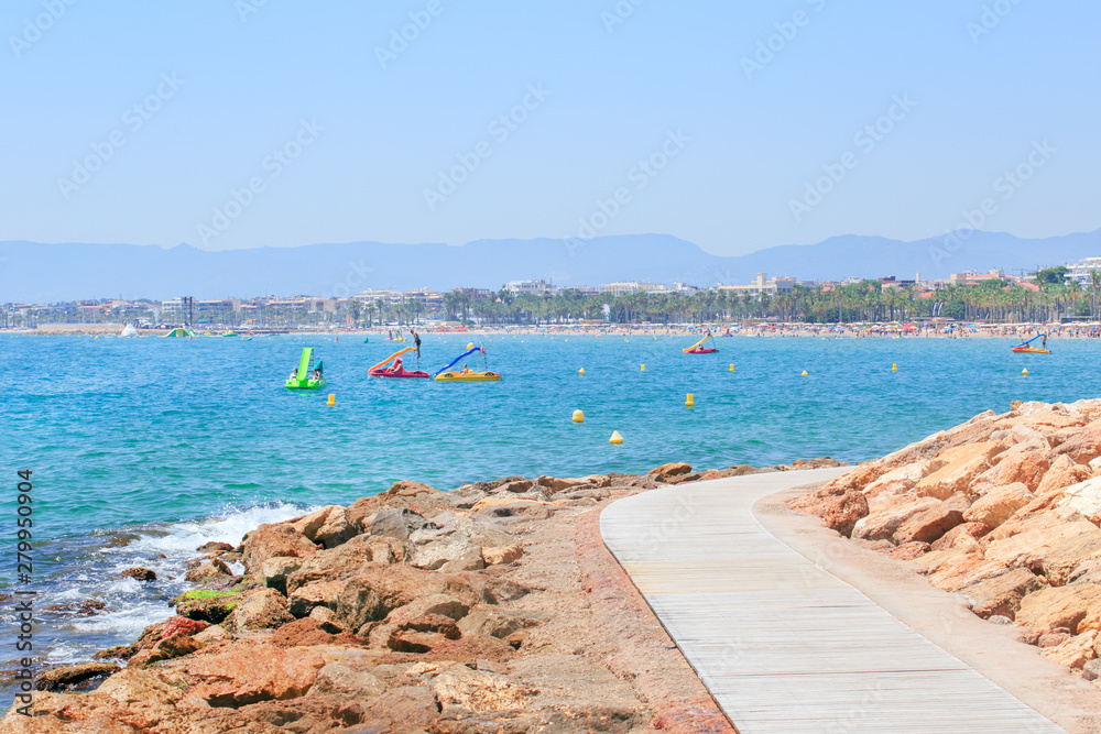 Panoramic View Of Coastline, Beach Of Salou, Spain. Spanish travel destination in summer.