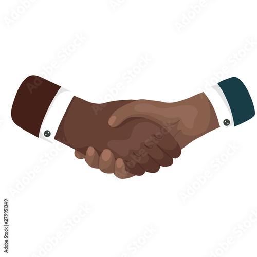 African mans shaking hands. Businessman making a deal. International Friendship Day. Vector cartoon flat illustration for articles, postcards and your design.