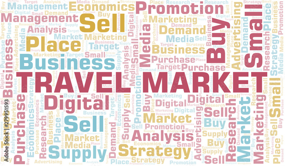 Travel Market word cloud. Vector made with text only.