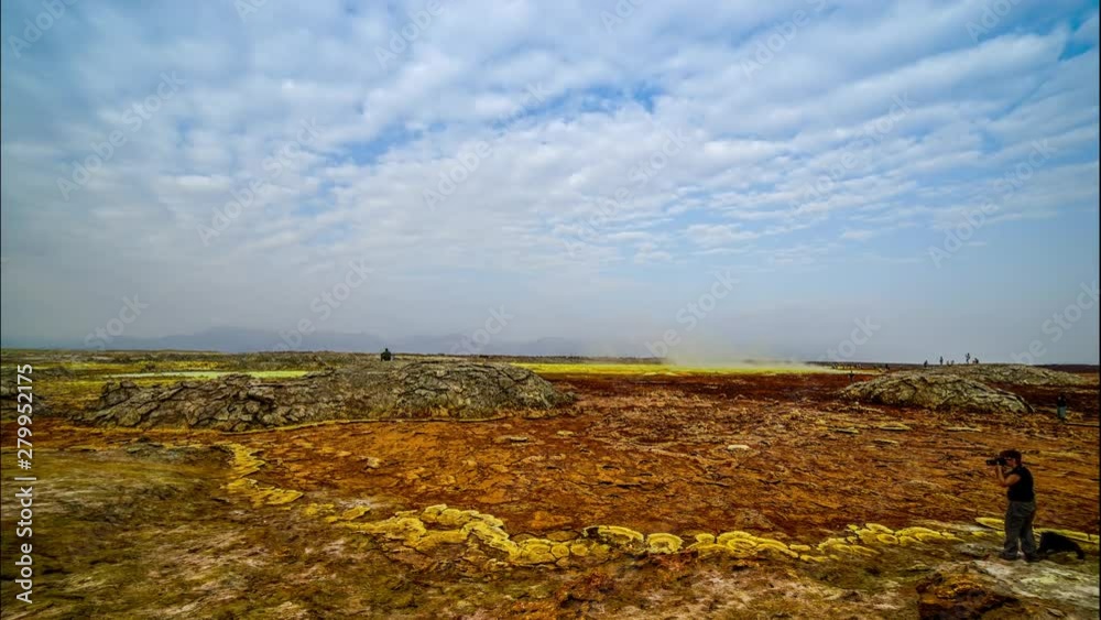 Dallol a cinder cone volcano in the Danakil Depression, northeast of the Erta Ale Range in Ethiopia time lapse. Dallol a cinder cone volcano in the Danakil Depression, northeast of the Erta Ale Range in Ethiopia time lapse.