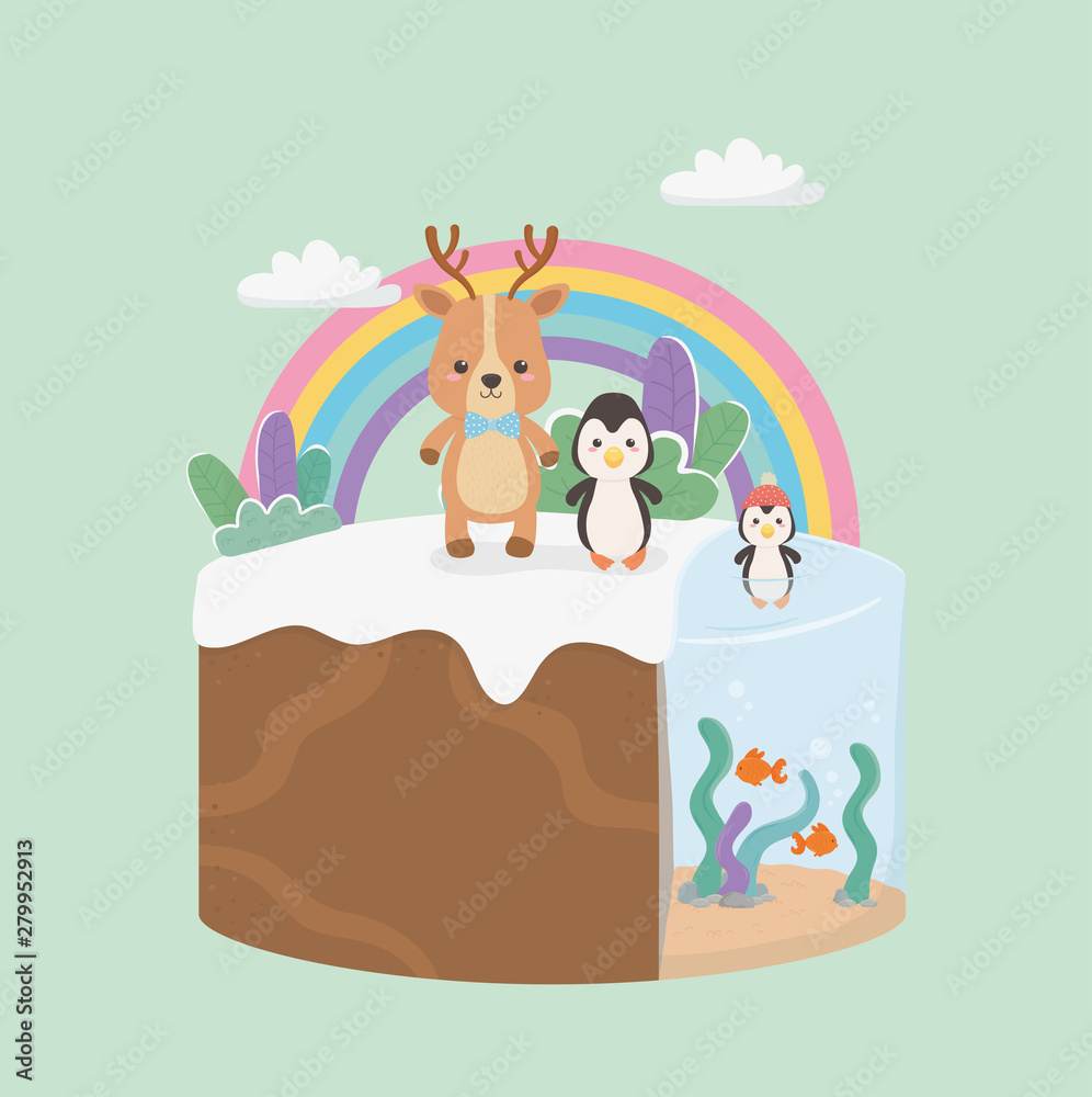 Fototapeta premium cute and little penguin and reindeer in the field
