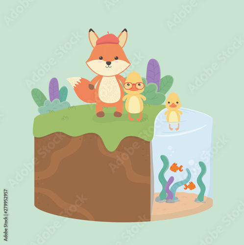 Fototapeta Naklejka Na Ścianę i Meble -  cute and little ducks and fox in the field