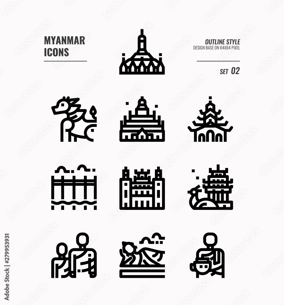 Myanmar line icon set 2. Include landmark, people, culture and more. Outline icons Design. vector
