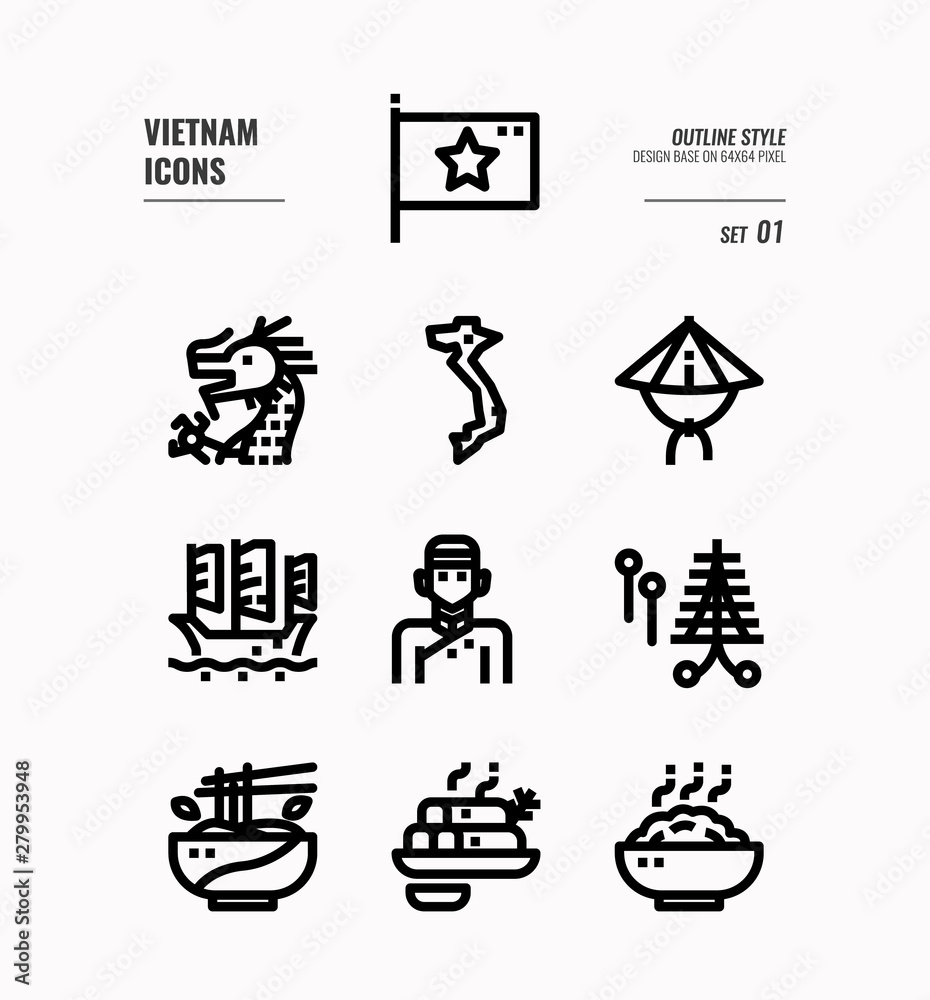 Vietnam line icon set 1. Include flag, landmark, people, food and more. Outline icons Design. vector