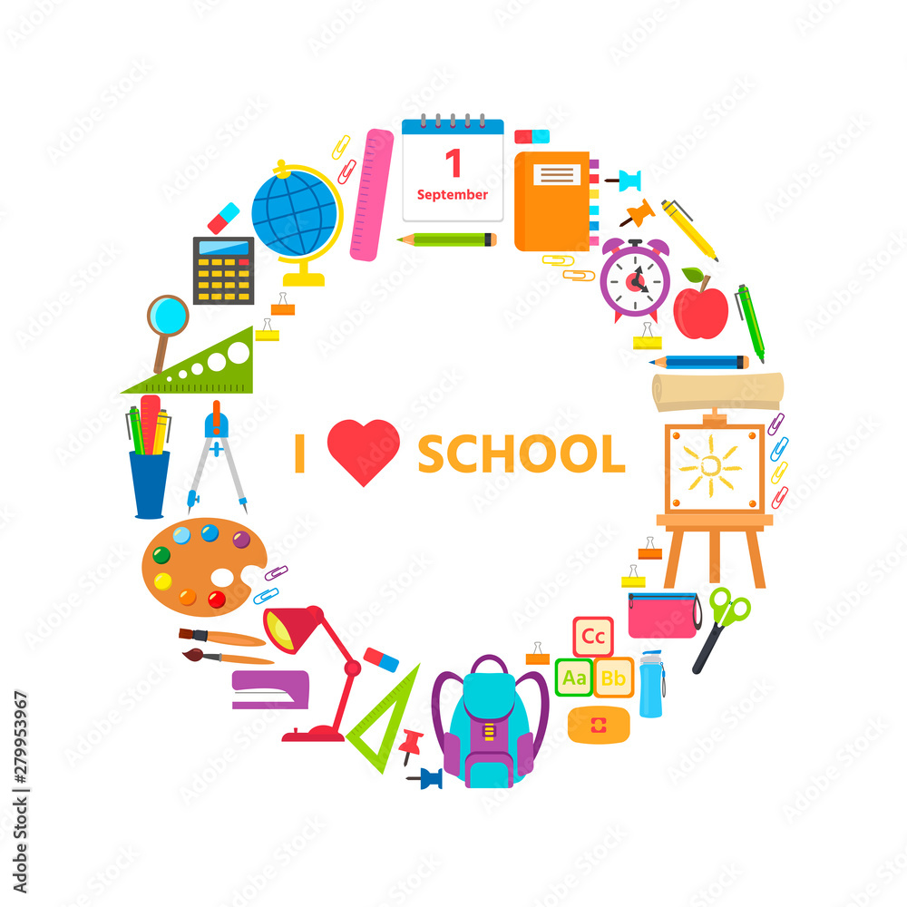 Set of school supplies and elements. Back to school concept. Vector  illustration can use print templates and leaflets with stationery equipment. School and education cards, posters or banners