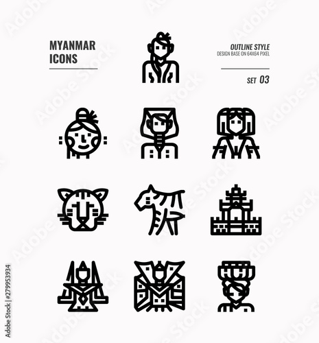Myanmar line icon set 3. Include landmark, people, animal, culture and more. Outline icons Design. vector