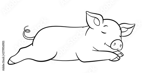 Coloring pages. Little cute piglet sleeps and smiles.