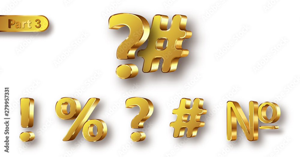 Golden metal unique symbols set, realistic vector illustration. Matte with glossy frame gold metallic characters, exclamation point, question mark, percent and number sign isolated on white background Golden metal unique symbols set, realistic vector illustration. Matte with glossy frame gold metallic characters, exclamation point, question mark, percent and number sign isolated on white background