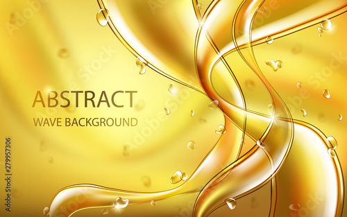 Yellow golden flowing liquid vector abstract wavy background, oil texture with flying drops. Streams of oil, honey or fluid with light element. Template for cosmetic, sale banner or flyer.