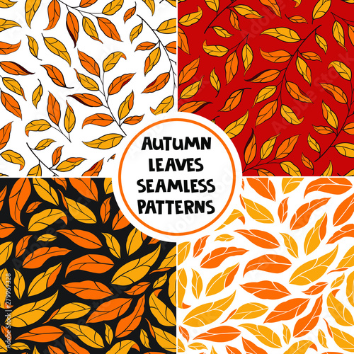 Set of autumn leaves seamless patterns. Vector illustration of branches with leaves. Design for fabrics, wallpapers, textiles, web design.