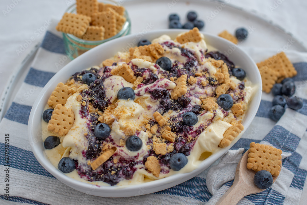 home made vanilla cheesecake ice cream with blueberries and cookies on a old table home made vanilla cheesecake ice cream with blueberries and cookies on a old table