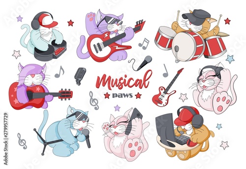 Vector set of funny little musical characters with different instruments