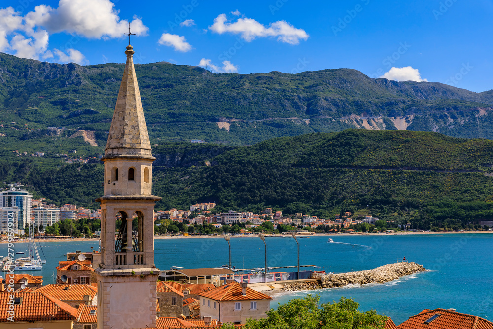 Budva Old Town from the Citadel with the Holy Trinity church and Adriatic Sea in the background in Montenegro, Balkans