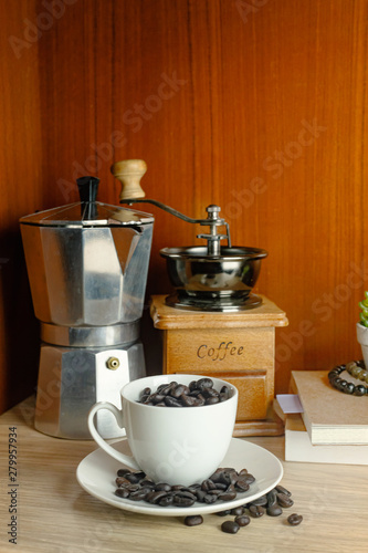 coffee vintage equipment on wood table for coffee concept..