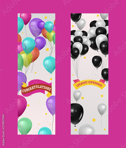 Balloons for party, birthday or rand opening event banner, vector illustration. Flying glossy colored and black and white baloons. Elements for party invitation and congratulations.