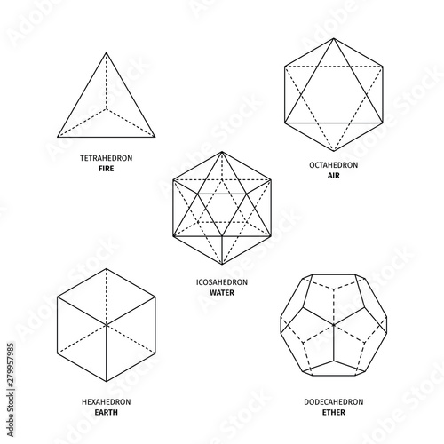 Platonic solids on white background. Editable Original stoke vector (non expanded outline). Philosophy, spirituality, alchemy, religion, symbols and elements.
