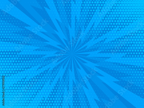 Comic rays blue dots background. Vector illustration in pop art style