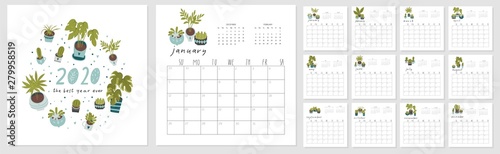 Calendar 2020. Cute and creative calendar with hand drawn house plants, succulents and cactus. in blue and green colors. Redy to print. Vector illustrations photo