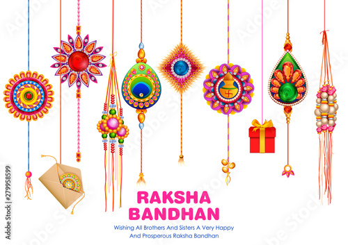 illustration of greeting card and template banner for sales promotion advertisement with decorative Rakhi for Raksha Bandhan, Indian festival for brother and sister bonding celebration