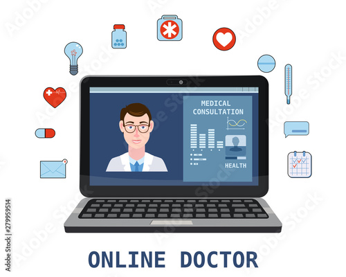 Online doctor men healthcare concept icon set. Doctor videocalling on a laptop