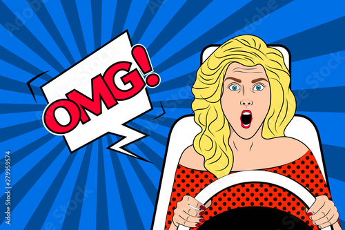 Shocked Blonde girl behind the wheel. OMG face.  Vector illustration in pop art style