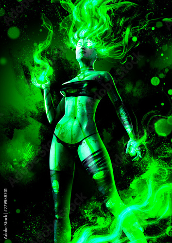 Beautiful sexy girl in bikini with green fiery hair, standing holding the flame in her hands © warmtail