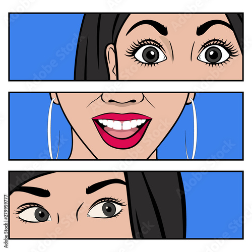 Poster in the style of pop art. Collage. Female eyes and lips close-up. White frame. Vector illustration in comic style.