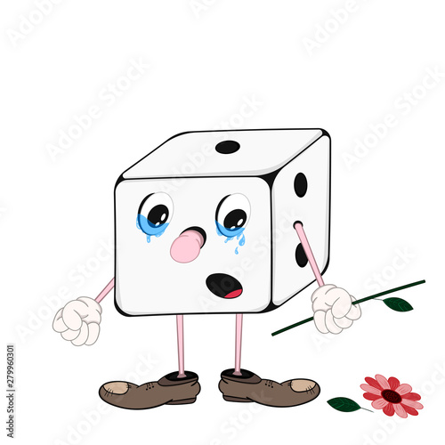 Funny cartoon dice game with eyes, arms and legs holding a broken flower in hand and crying