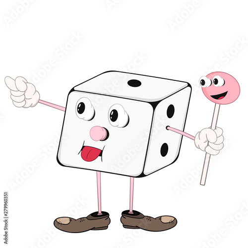 Funny cartoon cube with eyes, arms and legs, showing tongue and holding a lollipop in his hand