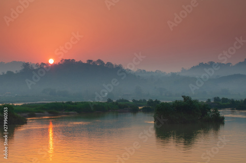 Beautiful sunrise on Mekong river  border of Thailand and Laos  NongKhai province Thailand.